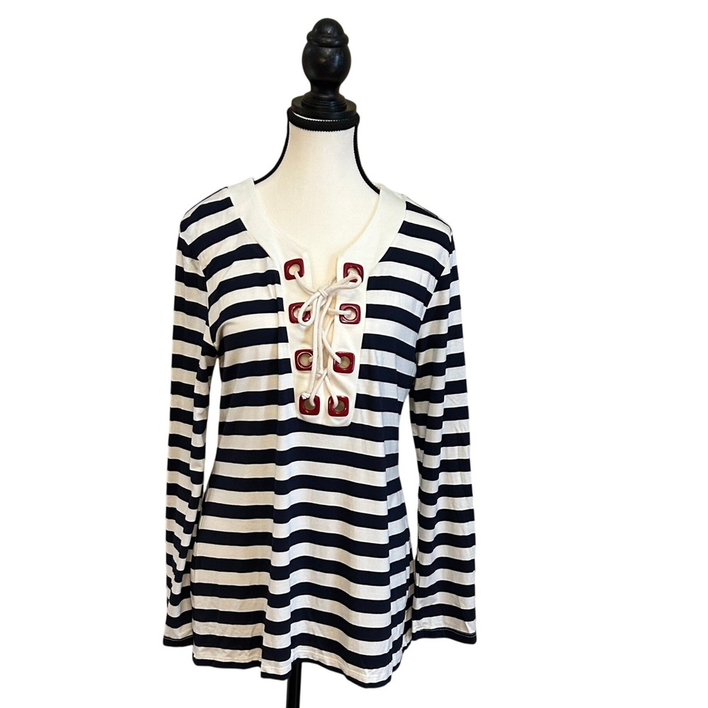 Soft Surroundings Striped Lace Up Long Sleeve Top - Petite Medium PM